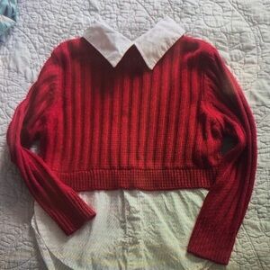 Red Ribbed Sweater with White Collar